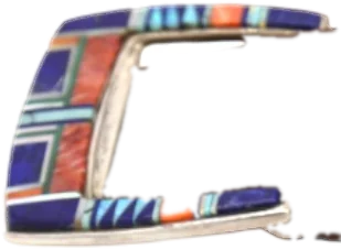 A squared sterling ranger buckle inlaid in blocks of turquoise, lapis and orange spiny oyster shell.