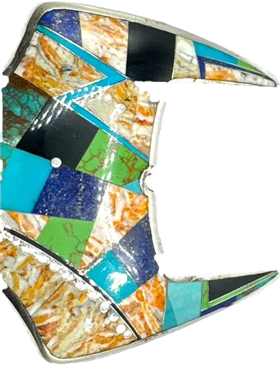 A sterling ranger buckle fully inlaid in a mosaic of turquoise, onyx, lapis and spiny oyster shell.