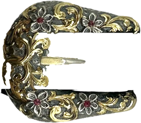 A sterling ranger buckle overlaid with 14K yellow gold scrollwork and silver flowers set with rubies.