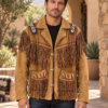 AI model preview wearing the Men’s Beaded & Fringe Suede Leather Jacket in a Southwestern courtyard