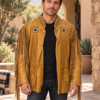 AI model preview wearing the Men’s Beaded & Fringe Leather Jacket in a Southwestern courtyard