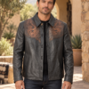 AI model preview wearing the Men’s Carved Black Leather Jacket in a Southwestern courtyard