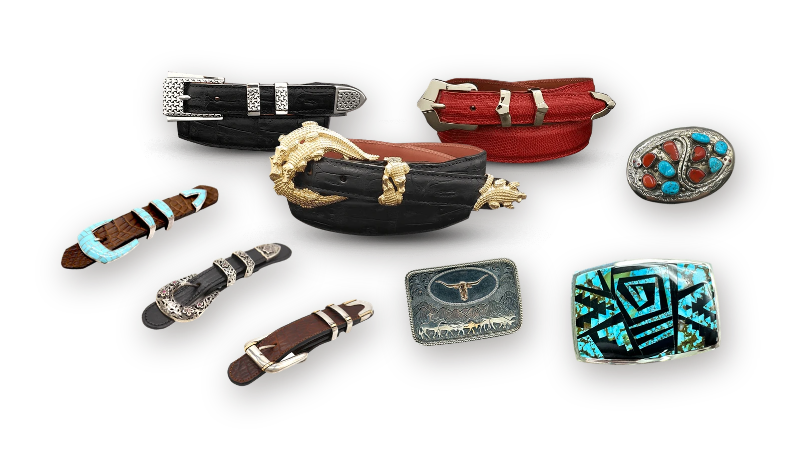 Hand-cut leather belts and sterling silver, turquoise and gold belt buckles laid out on a table at American Leather in Old Town Scottsdale.