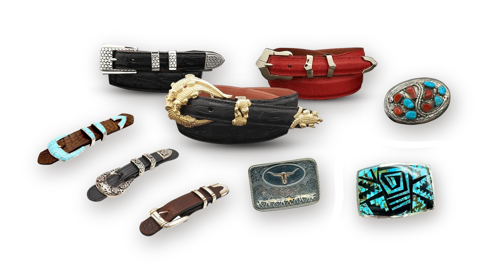 Hand-cut leather belts and sterling silver, turquoise and gold belt buckles laid out on a table at American Leather in Old Town Scottsdale.