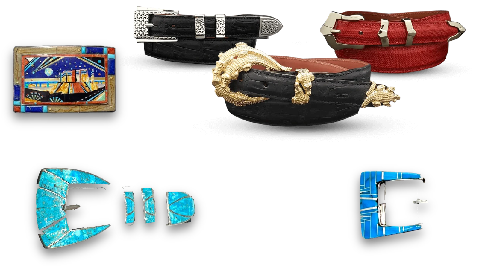 Three belts from the shop, a black alligator with a gold alligator ranger set, a red lizard, and a black alligator with an engraved silver set, beside a sterling silver and turquoise four-piece ranger set and a multi-stone inlay buckle from the case at American Leather in Old Town Scottsdale.