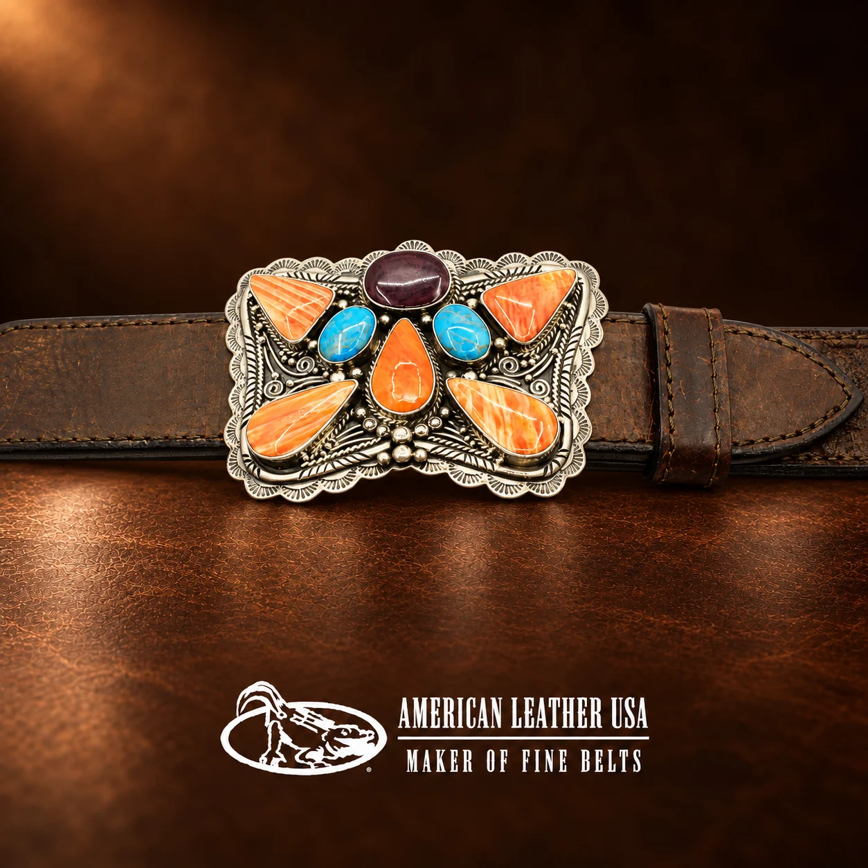 Sterling Silver Spiny Oyster, Turquoise & Purple Stone Cluster Belt Buckle