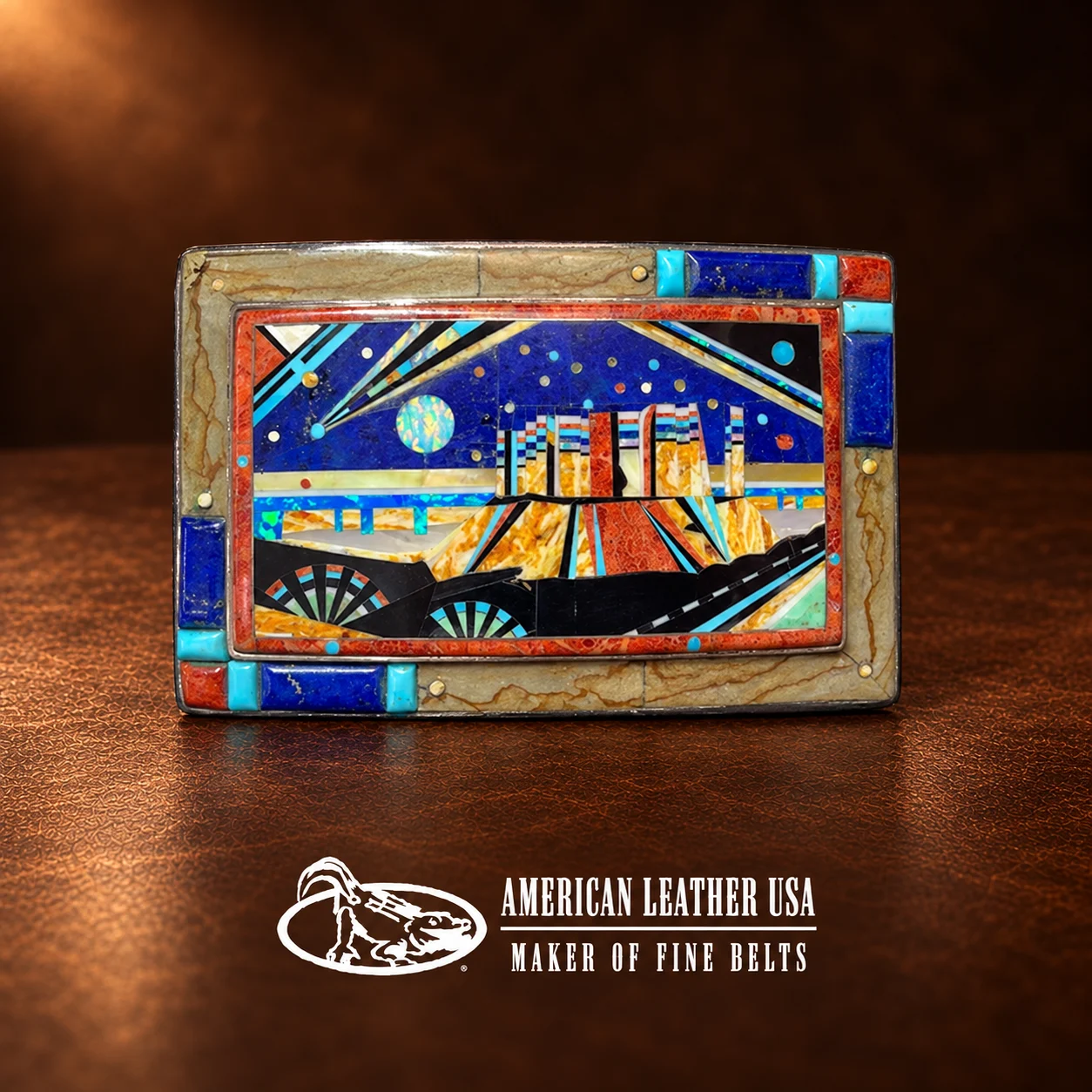Sterling Silver Indian Village Lapis Lazuli Turquoise Spiny Oyster Shell Picture Jasper Buckle