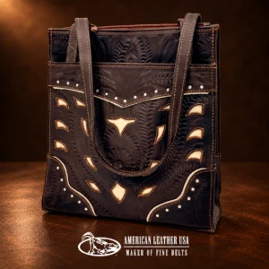 Handtooled Floral Design Leather Handbag - Dark Brown