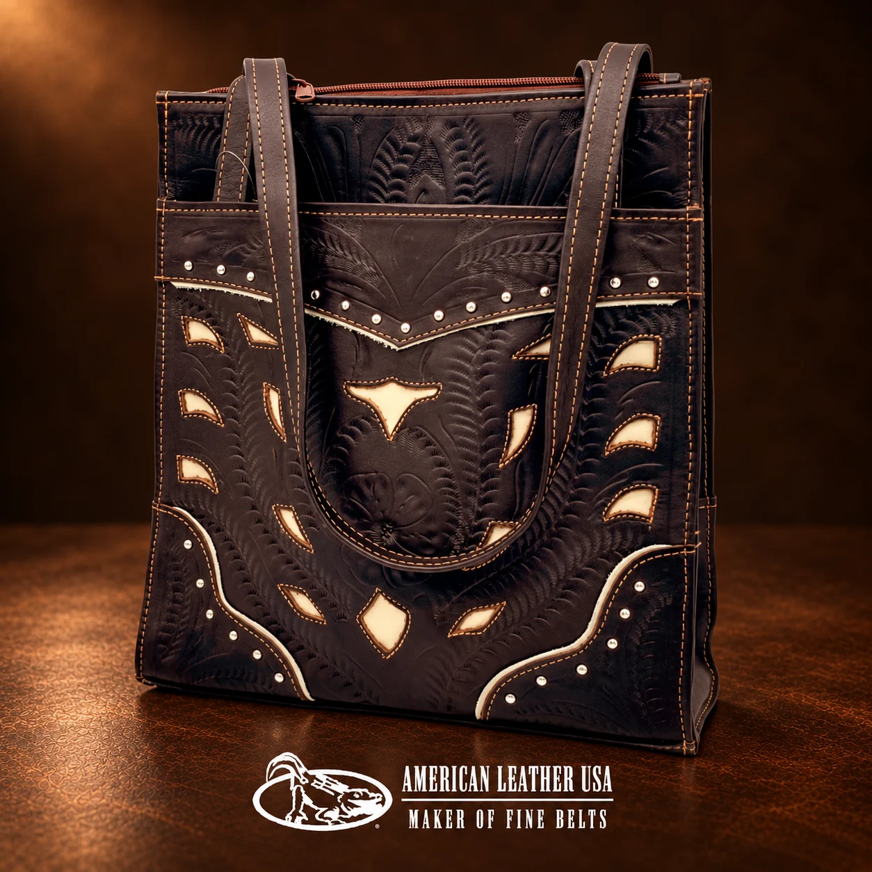 Handtooled Floral Design Leather Handbag - Dark Brown