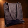 Handtooled Floral Design Leather Handbag - Dark Brown — detail view 2