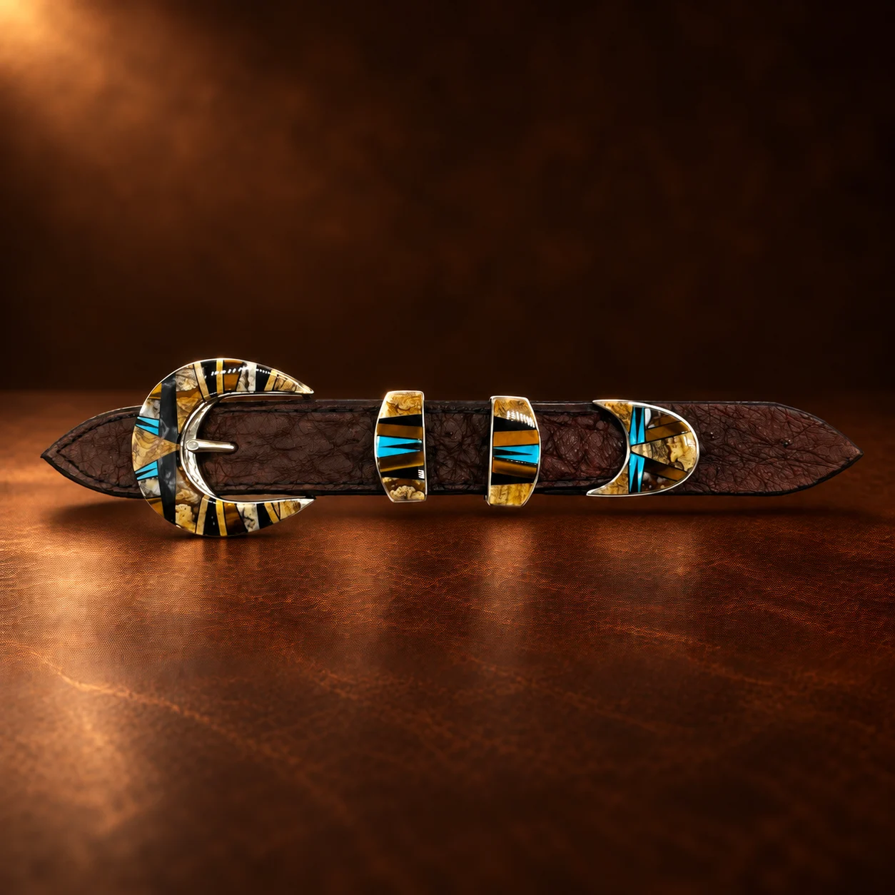 TOSF Zuni Sterling Silver Multi Stone Inlay 4pc. Ranger Design Belt Buckle — detail view 3