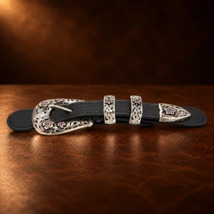 VOGT Chet Vogt Sterling Silver 4pc. Ranger Design Belt Buckle Set w/ Rubies — detail view 2