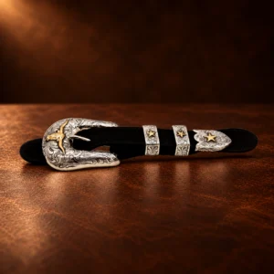 Sterling Silver & 14K Yellow Gold Longhorn Engraved 4pc. Ranger Design Belt Buckle Set — detail view 2