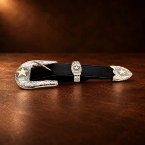 Sterling Silver & 14K Yellow Gold Star Engraved 3pc. Ranger Design Belt Buckle Set — detail view 2