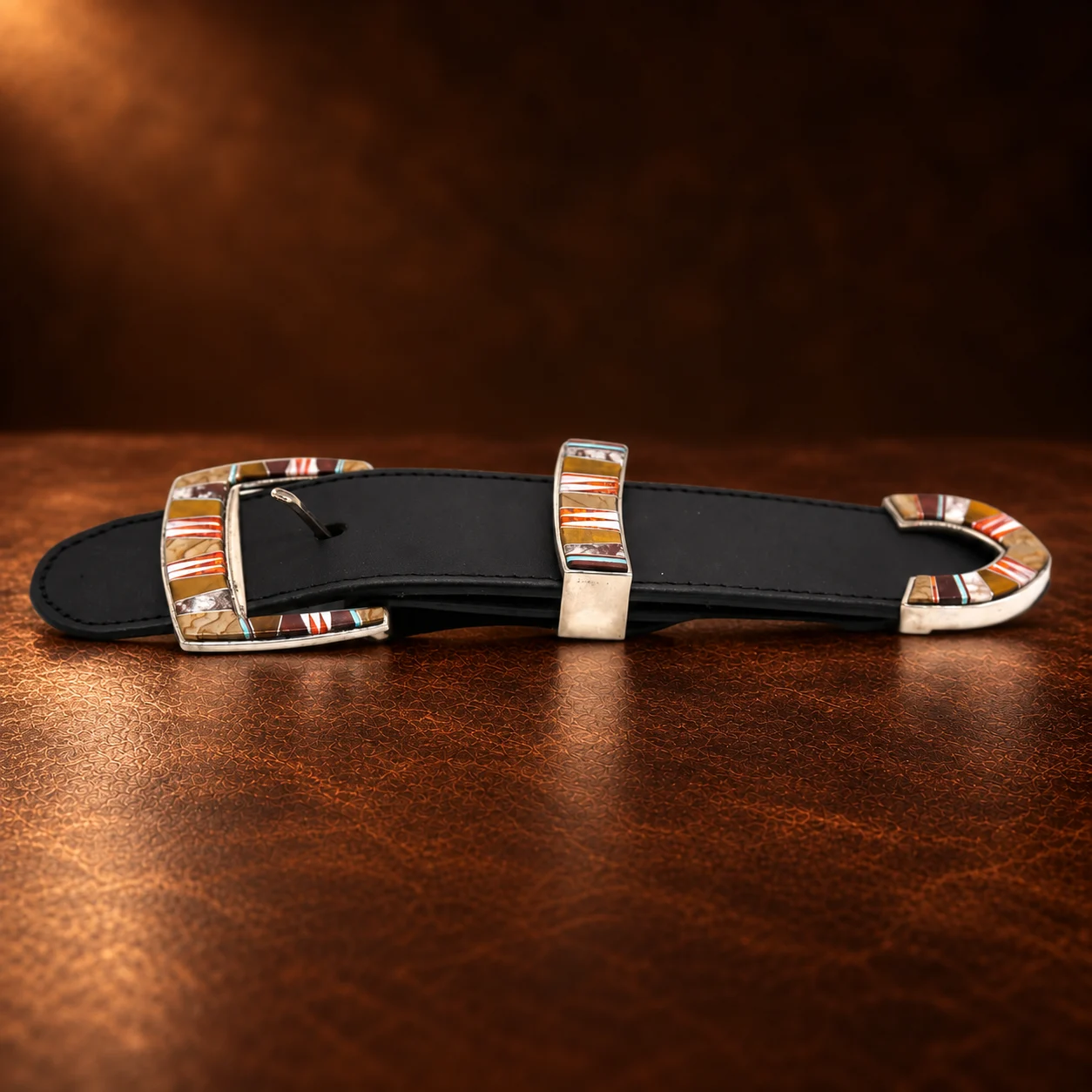 TOSF Zuni Sterling Silver Multi Stone Inlay 3pc. Ranger Design Belt Buckle Set — detail view 3