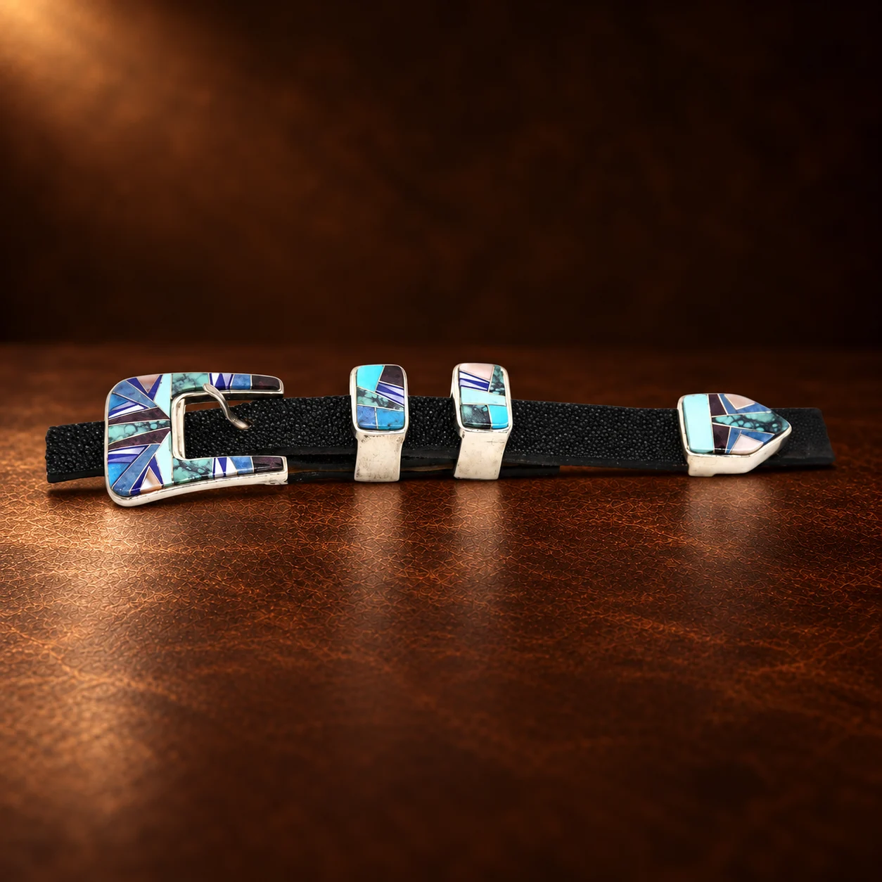 TOSF Zuni Sterling Silver & Multi Stone 4pc. Ranger Design Belt Buckle Set — detail view 4