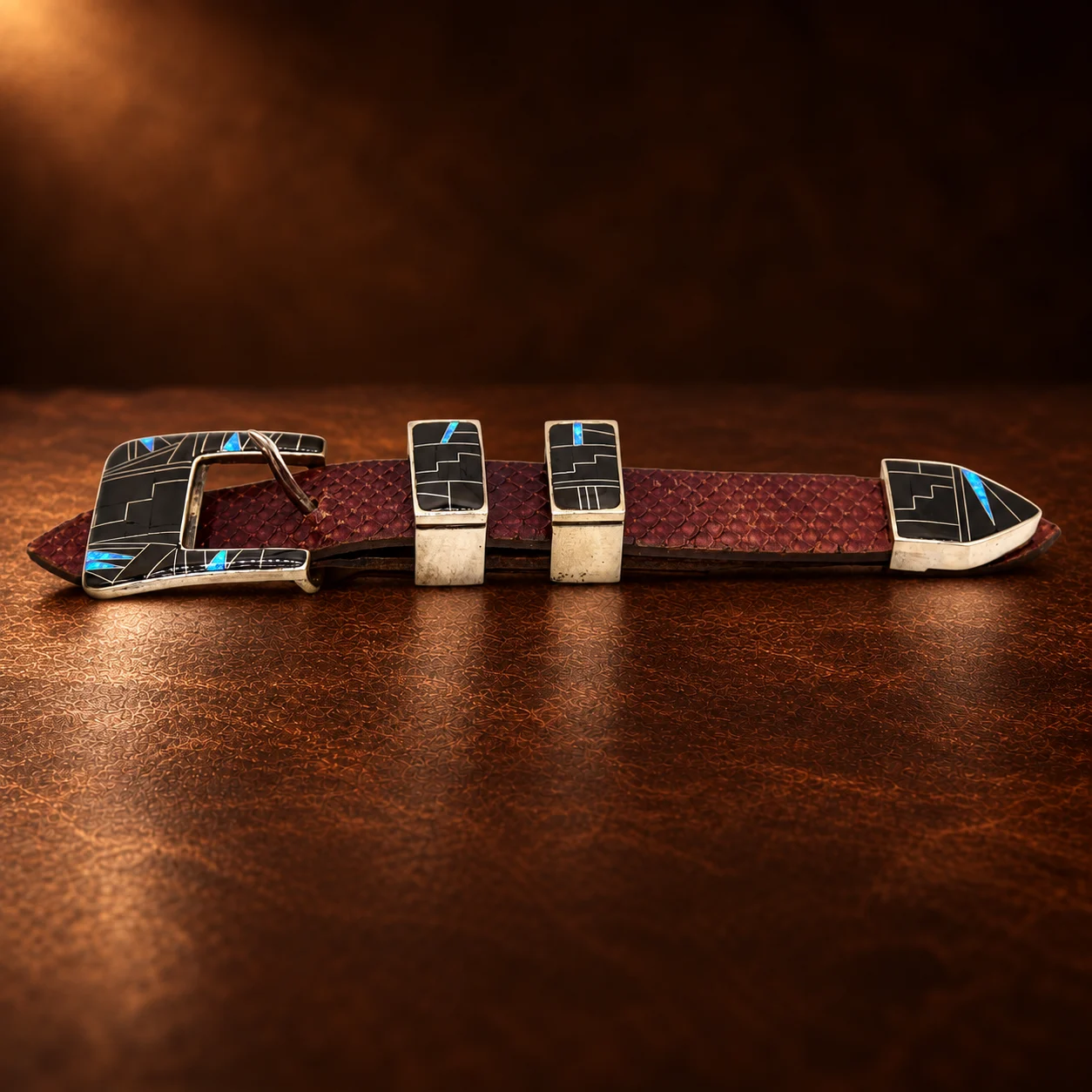 Sterling Silver, Opal, & Onyx 4pc. Ranger Design Belt Buckle Set — detail view 3