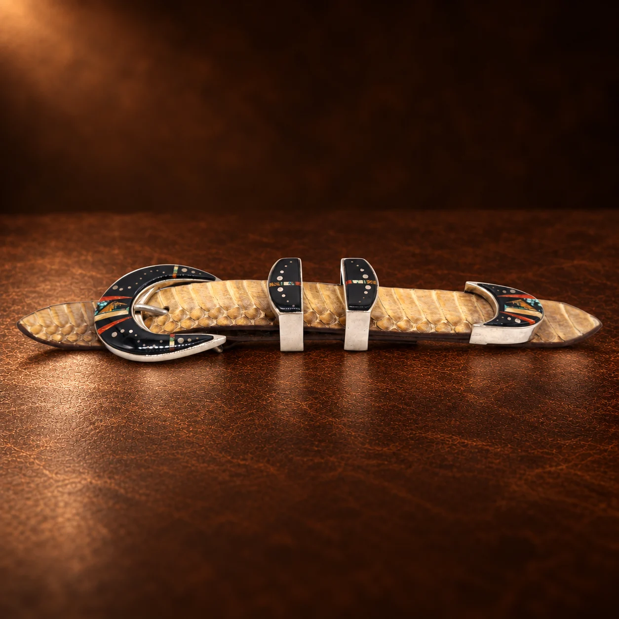 TOSF Zuni Sterling Silver & Multi Stone 4pc. Ranger Design Belt Buckle Set — detail view 2