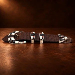 Teme Sterling Silver, Coral, Opal, & Onyx Inlay 4pc. Ranger Design Belt Buckle Set — detail view 2
