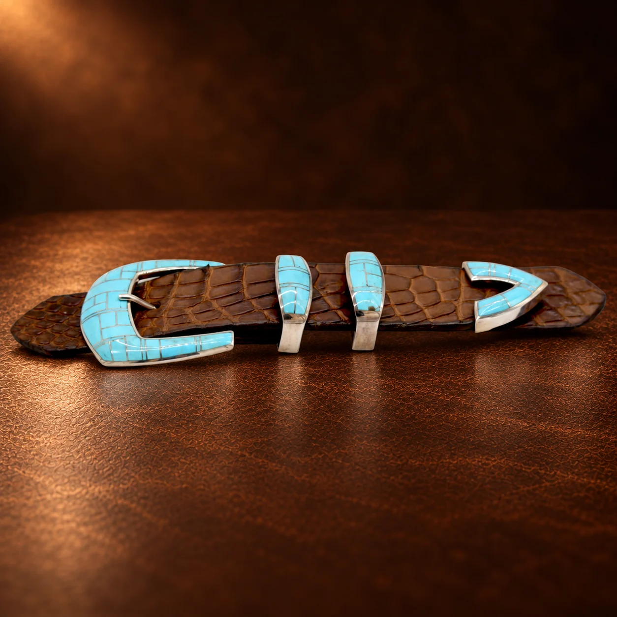Teme Sterling Silver & Sleeping Beauty Turquoise Inlay 4pc. Ranger Design Belt Buckle Set — detail view 3