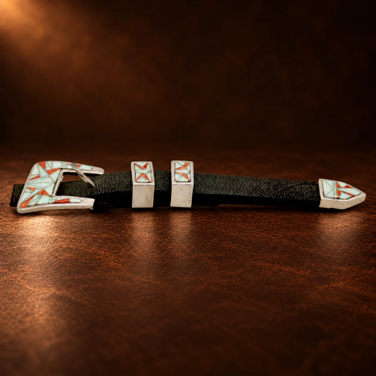 TOSF Sterling Silver, Spiny Oyster, & Opal 4pc. Ranger Design Belt Buckle Set — detail view 3