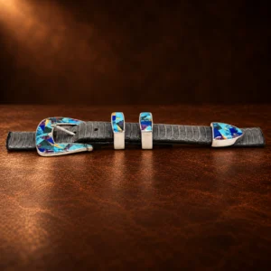 GL Sterling Silver Multi Stone Inlay Curved Ranger Belt Buckle Set — detail view 3