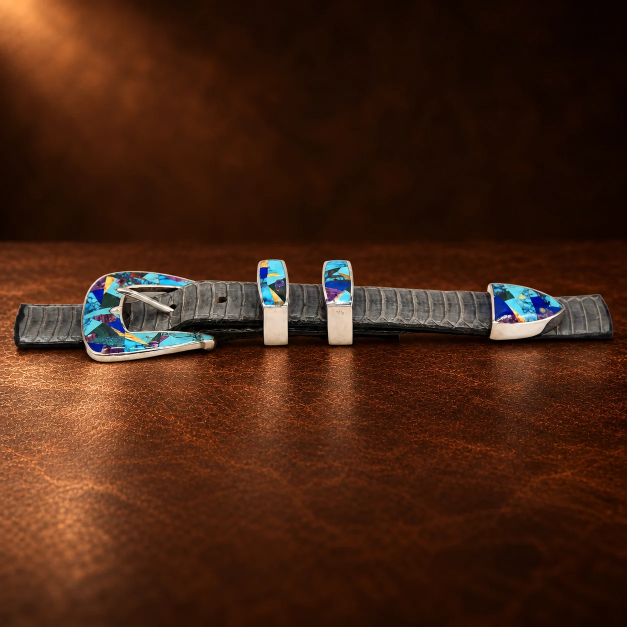 GL Sterling Silver Multi Stone Inlay Curved Ranger Belt Buckle Set — detail view 3