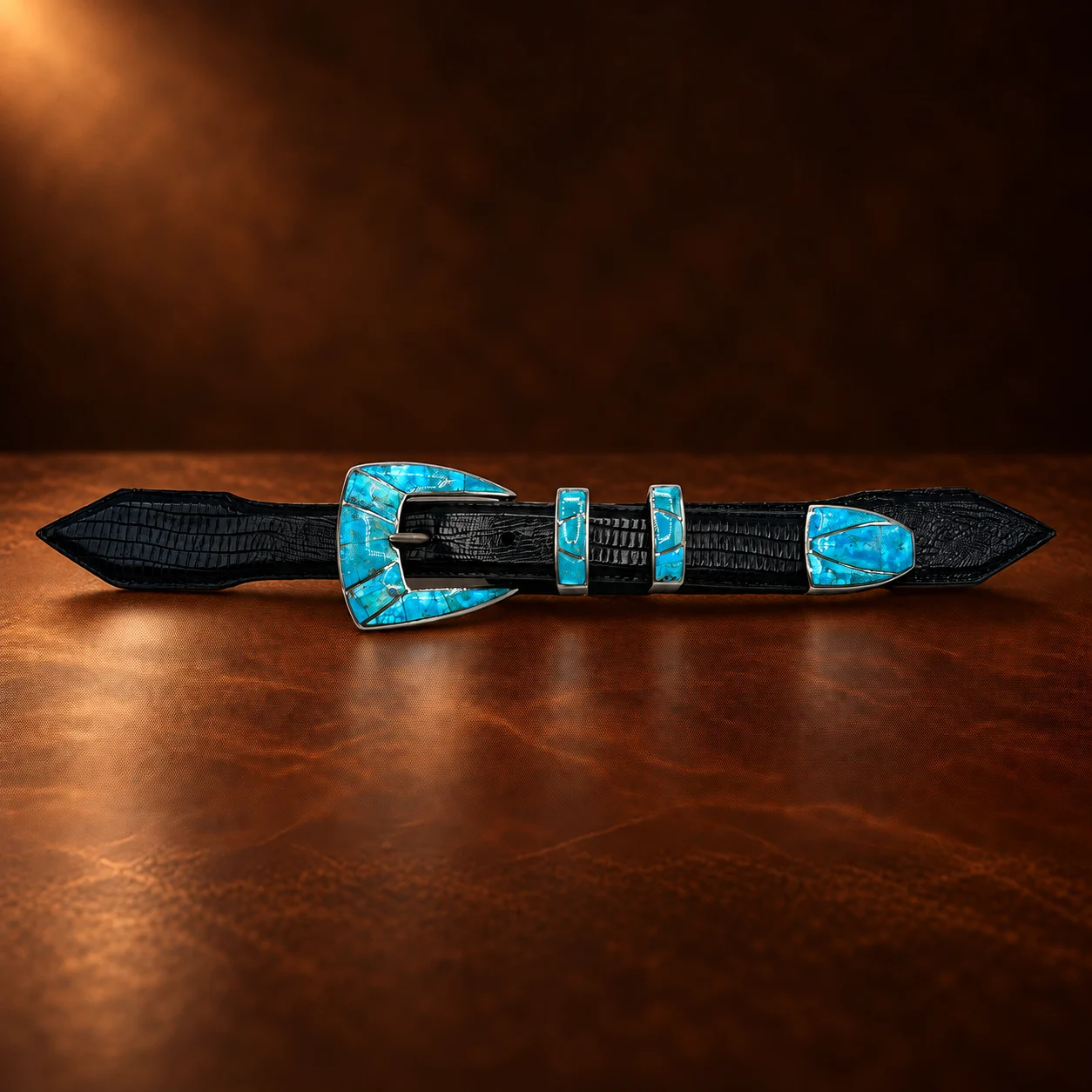GL Sterling Silver & Sonoran Gold Turquoise Ranger Design 4pc. Belt Buckle Set — detail view 5