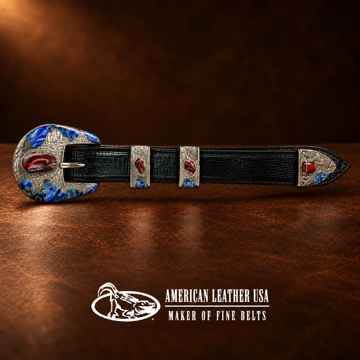 GL Sterling Silver & Agate Ranger Design 4pc. Belt Buckle Set