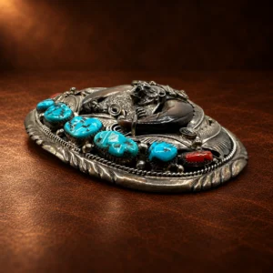 Vintage Navajo Sterling Silver Turquoise Red Coral Double Bear Claw Belt Buckle — detail view 2