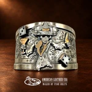 VOGT 'Johnny Bones' Sterling Silver & 10K Gold Engraved Wide Cuff Bracelet
