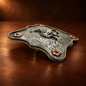 VOGT Centennial Bronc Sterling Silver & 10K Gold Engraved Belt Buckle w/ Rubies — detail view 3