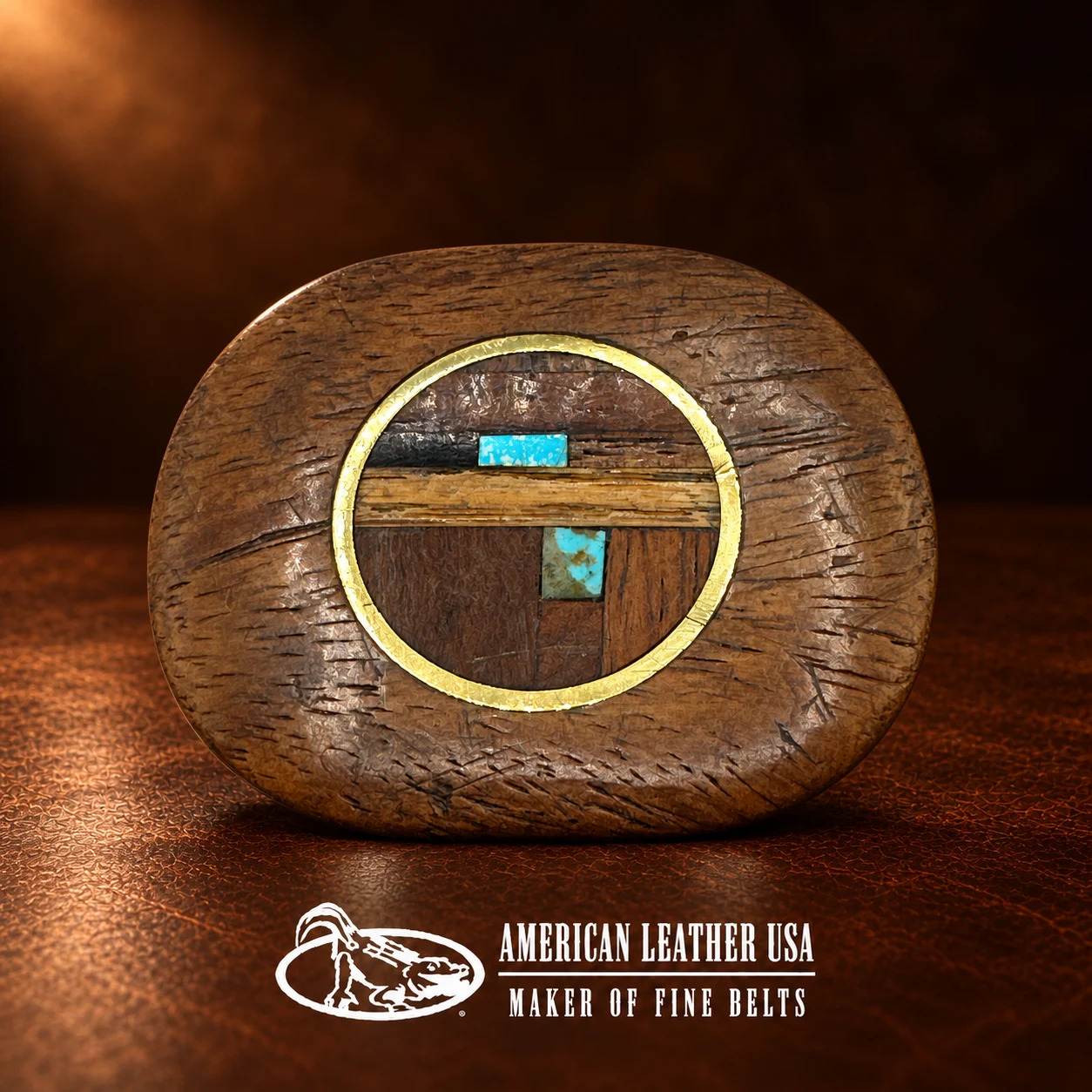 Inlaid Wood, Turquoise, & Brass Belt Buckle