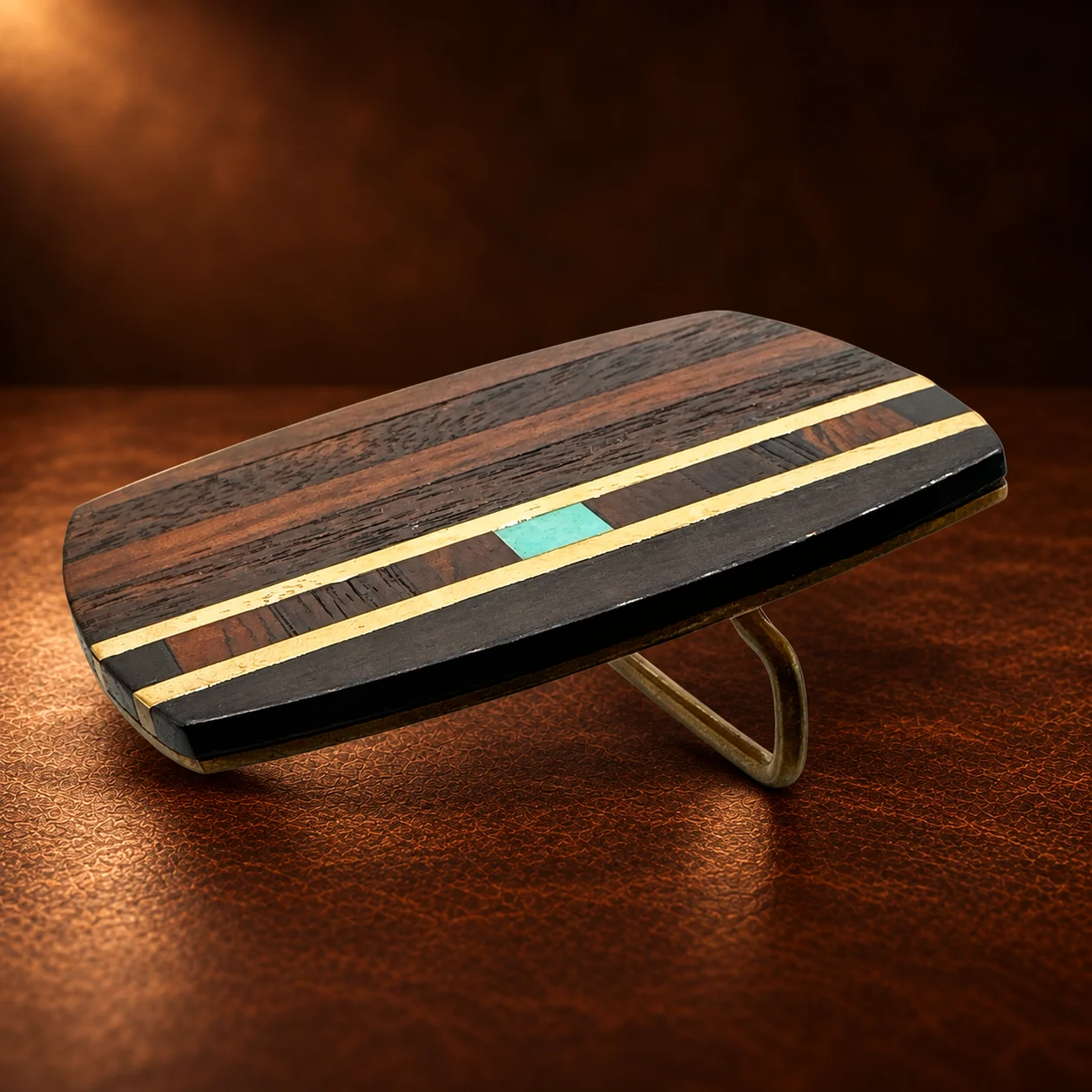 Inlaid Wood, Turquoise, & Brass Belt Buckle — detail view 2