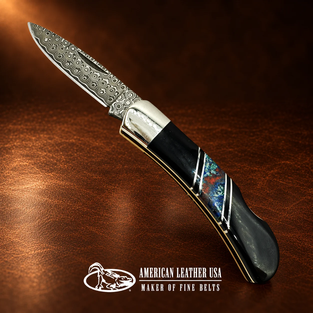 Jet & Azurite Damascus Blade Lockback Folding Pocket Knife