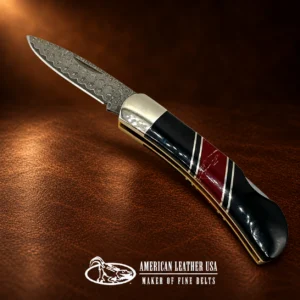 Jet & Tourmaline Damascus Blade Lockback Folding Pocket Knife