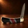 Jet & Tourmaline Damascus Blade Lockback Folding Pocket Knife — detail view 3