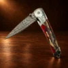 Natural Stabilized Cholla Cactus Damascus Blade Liner Lock Folding Pocket Knife — detail view 2
