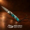 Liner Lock Damascus Folding Pocket Knife w/ Turquoise, MOP, & Wood Handle