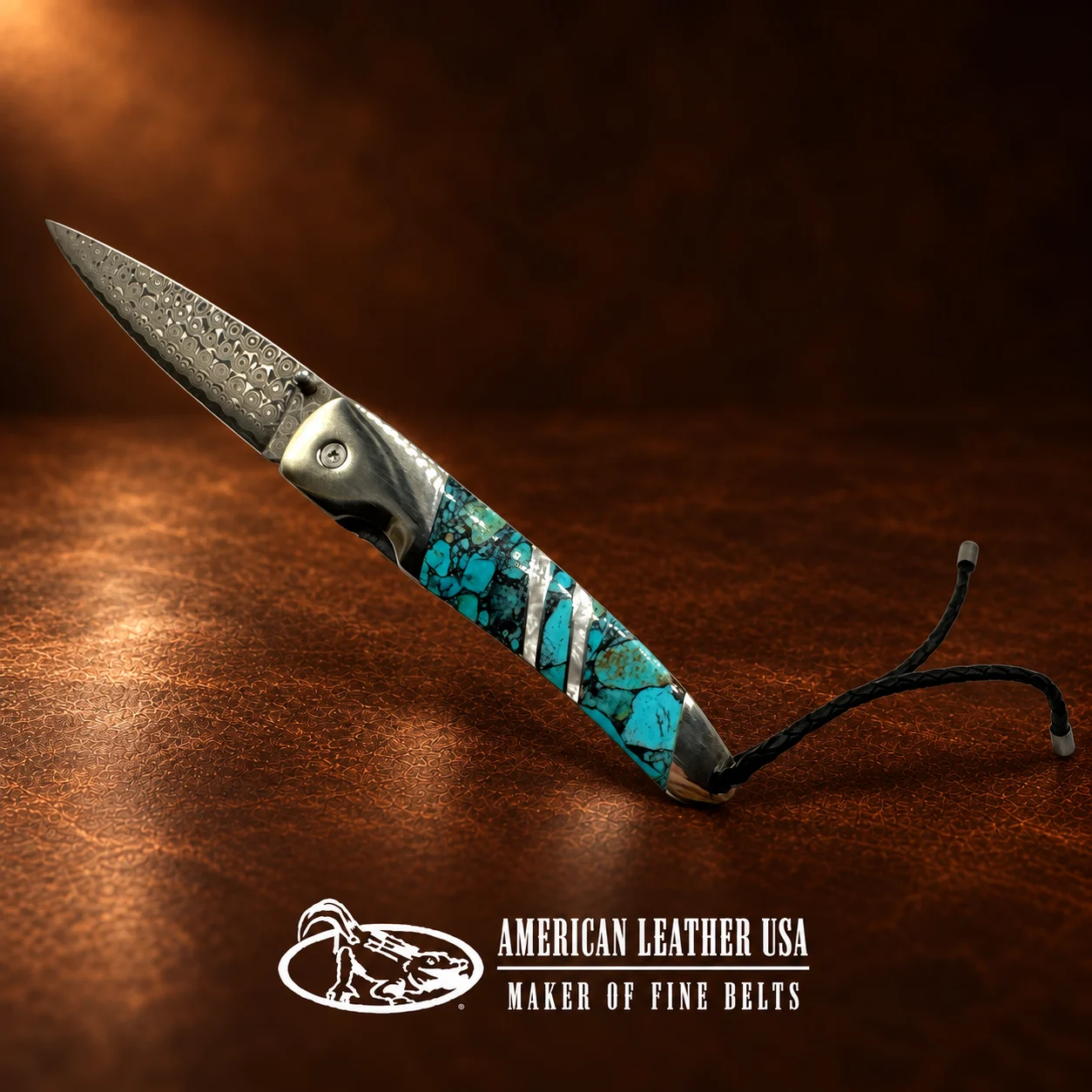 Liner Lock Damascus Folding Pocket Knife w/ Turquoise, MOP, & Wood Handle