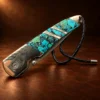 Liner Lock Damascus Folding Pocket Knife w/ Turquoise, MOP, & Wood Handle — detail view 4