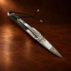 Liner Lock Damascus Folding Pocket Knife w/ Turquoise, MOP, & Wood Handle — detail view 5