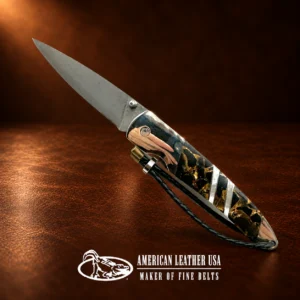 Liner Lock Damascus Folding Pocket Knife w/ Agate, MOP, & Wood Handle