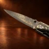 Liner Lock Damascus Folding Pocket Knife w/ Agate, MOP, & Wood Handle — detail view 2
