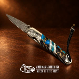 Liner Lock Damascus Folding Pocket Knife w/ Turquoise, Agate, MOP, & Wood Handle