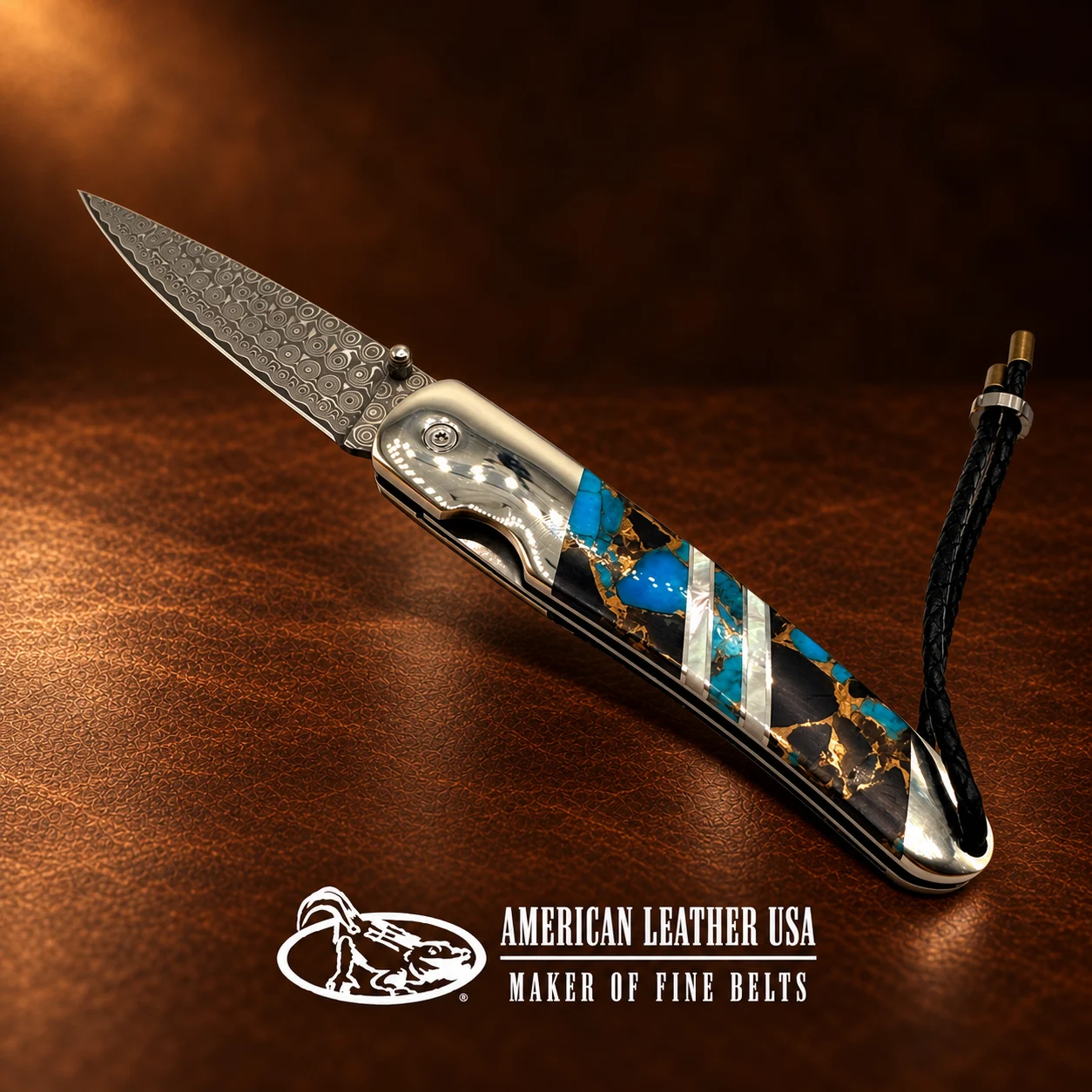 Liner Lock Damascus Folding Pocket Knife w/ Turquoise, Agate, MOP, & Wood Handle