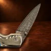 Liner Lock Damascus Folding Pocket Knife w/ Turquoise, Agate, MOP, & Wood Handle — detail view 2