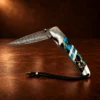 Liner Lock Damascus Folding Pocket Knife w/ Turquoise, Agate, MOP, & Wood Handle — detail view 3