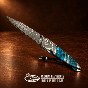 Liner Lock Damascus Folding Pocket Knife w/ Turquoise, MOP, & Wood Handle