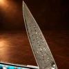 Liner Lock Damascus Folding Pocket Knife w/ Turquoise, MOP, & Wood Handle — detail view 2